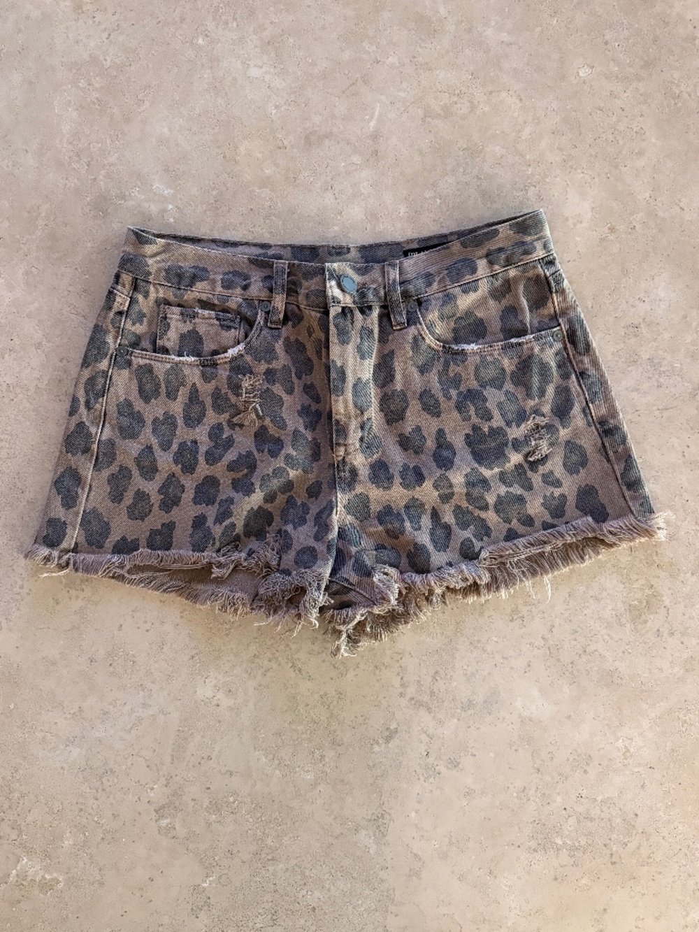 BLANKNYC Leopard Print Denim Shorts High Rise Frayed Raw Hem Size 28